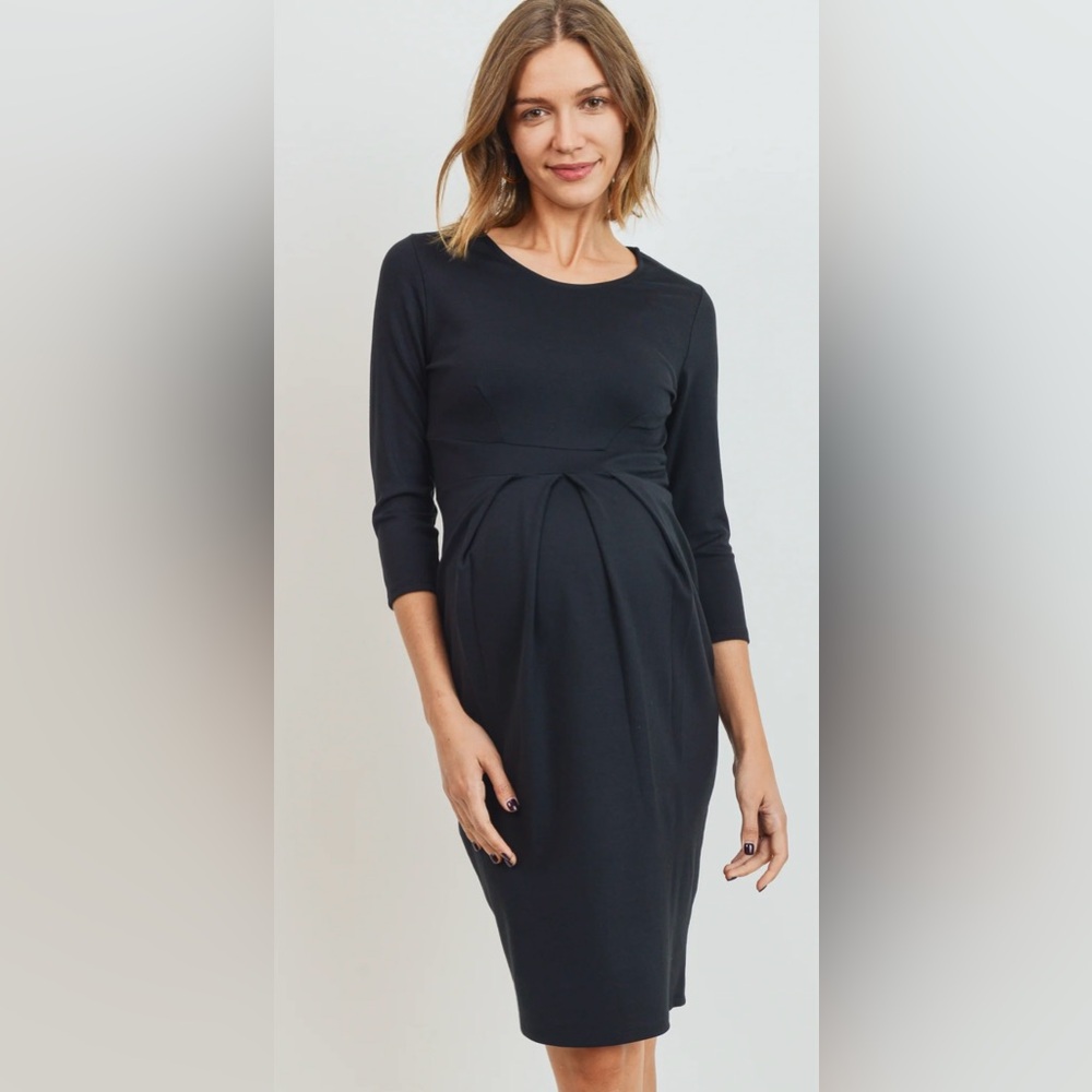 Hello Miz Black 3/4 Sleeve Round Neck Front Pleat Maternity Dress Size Large
